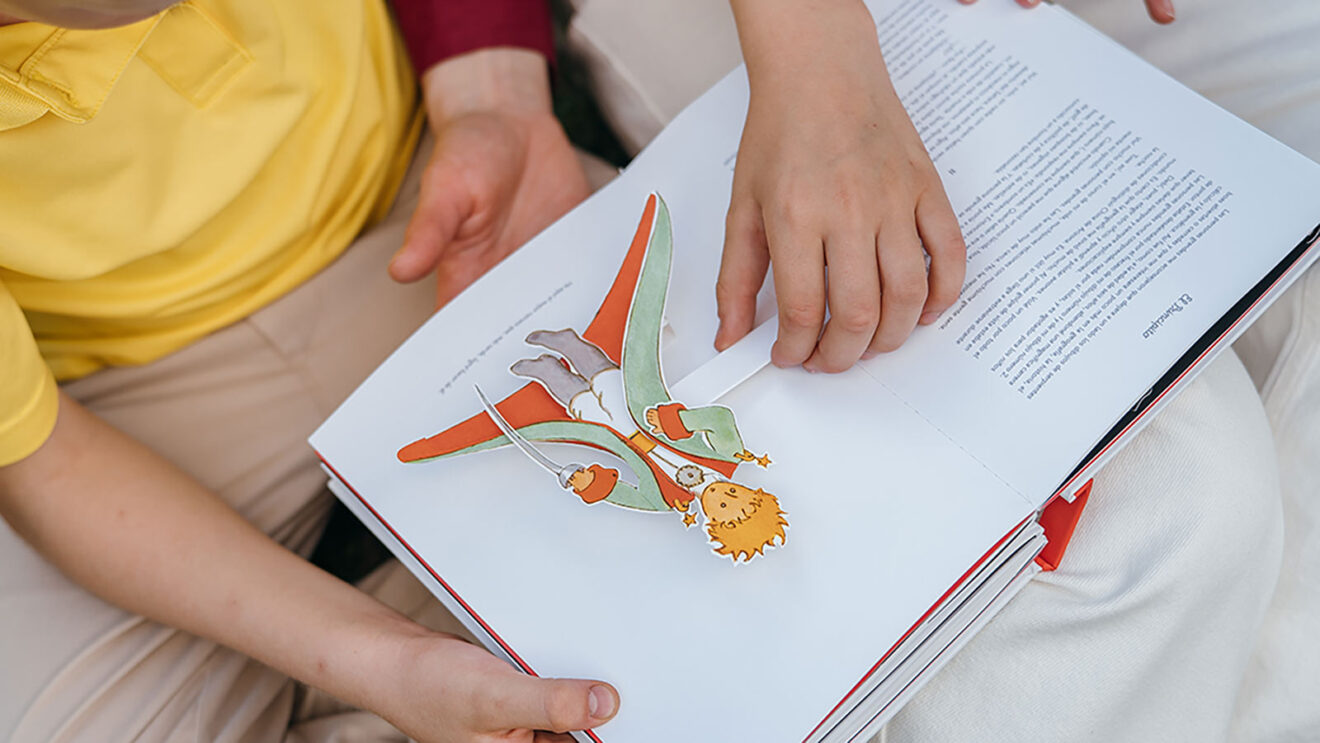 zoom in open book of The Little Prince on the boys knees